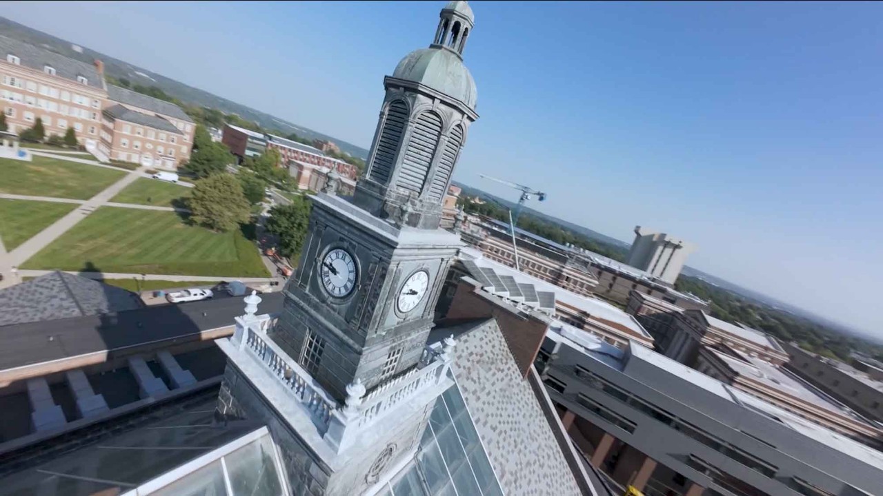 Aerial of the clock tower at the University of Cincinnati