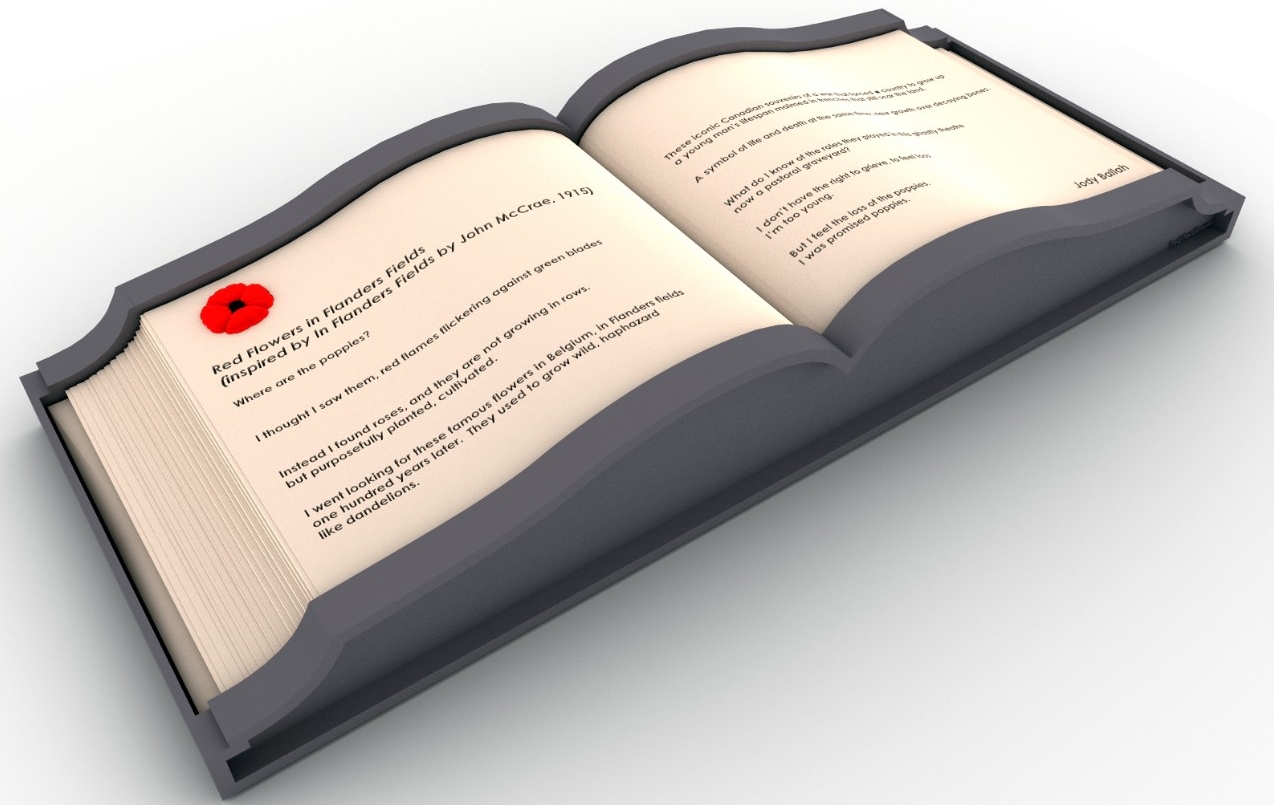 Artwork from exhibit, book opened with red flower on page