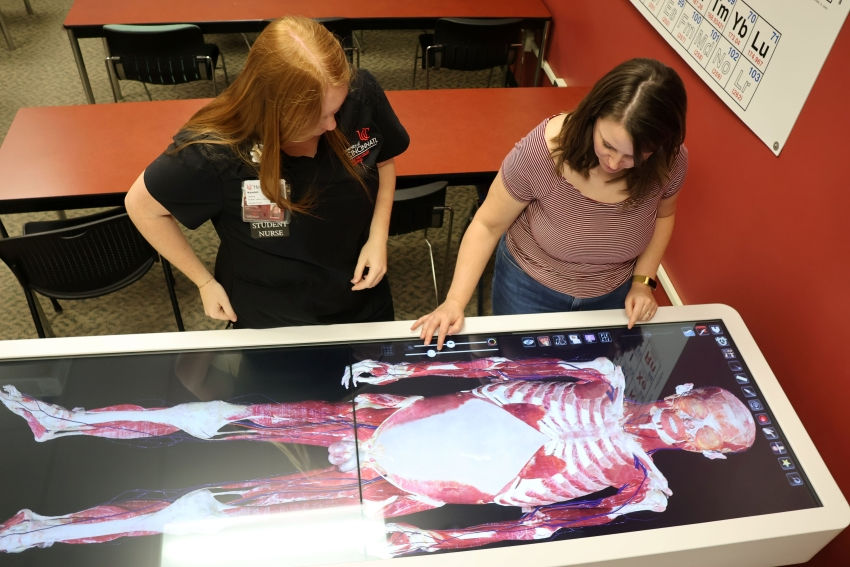 two students working at the digital anatomy table