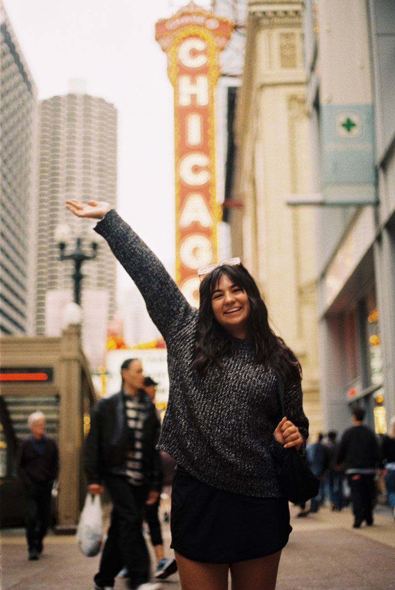 Jill Rimer smiling outside a theater in Chicago