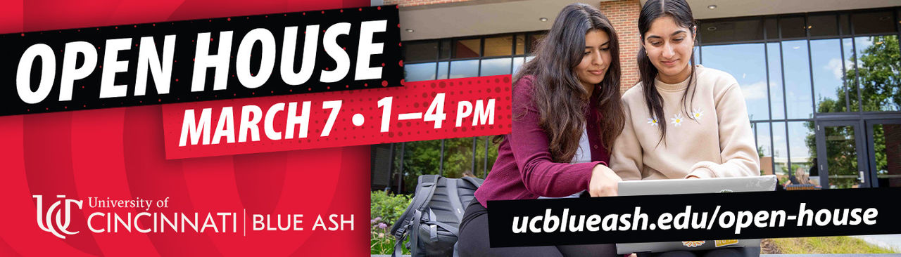 Open House billboard advertisement with two students outside on campus