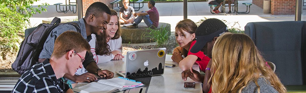 Students studying together outside on the UC Blue Ash campus